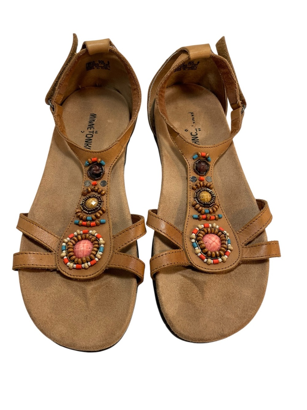 Minnetonka Bayshore Tan Leather T-Strap Sandals Multicolor Beaded Accents Size 9